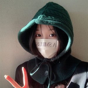 Chapeau tricoté à capuche pour femme, écharpe tout-en-un, cache-cou épaissi, bonnet d'hiver noir, vert foncé, gris, rouge, kaki - Product Image 5