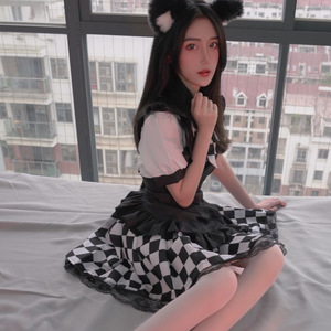 Black And White Checkered Maid Costume Plus Size Cosplay Outfit For Game Anime Role Playing Spring 2023 - Product Image 4