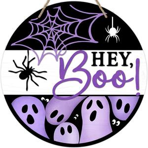 Logotipo de madera de Halloween Hey Boo para decoración de puerta delantera, araña púrpura fantasma - Product Image 5