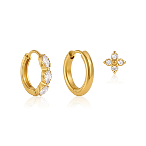 ชุดต่างหูเพชรซิร์โคเนียสีขาว 3 ชิ้น J&D Jewelry Sweet  ทอง 18K PVD สแตนเลสสตีลกันน้ำ รูปทรงมาร์คีส์แบบห่วงและแบบติดหูรูปโคลเวอร์ ของขวัญ - Product Image 1