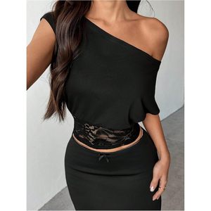 Women's <b>Off</b> <b>The</b> <b>Shoulder</b> <b>Lace</b> Crop <b>Top</b> Short Sleeve Bodycon Summer Outfit - Product Image 3