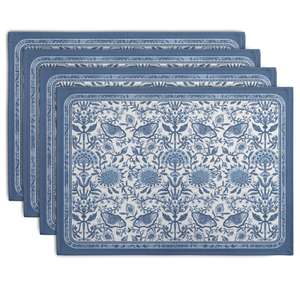 Ensemble de 4 sets de table bleus à motifs floraux, 12x18 pouces |   Sets de table en coton imprimé chinoiserie |   Table à manger vintage bohème - Product Image 1