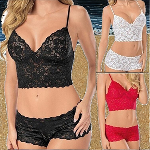 Ensemble de lingerie sexy en dentelle pour femmes <span class=keywords><strong>Soutien</strong></span>-<span class=keywords><strong>gorge</strong></span> push-up transparent à bretelles avec broderie, string et pantalon bikini - Product Image 2