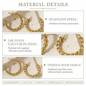 Aros de Oro de 14K con Baño al Vacío, Diseño de Cuerda Trenzada, 30 mm, Acero Inoxidable, Doble Tira - Product Image 4