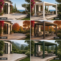 Pergola élégante en aluminium avec LED, toits à lames motorisées réglables et stores latéraux, vues dégagées, protection fiable contre la pluie et le vent