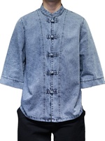 Nouveau LANBO C162 – Veste homme style chinois rétro en jean boutonnée, coupe ample grande taille, manches trois-quarts, respirante et délavée à l'acide