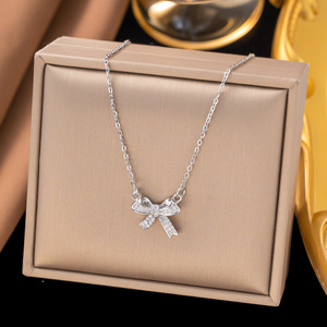 High Quality Stainless Steel <b>Chain</b> Bow Charm Necklace <b>Iced</b> <b>Out</b> Micro Pave Cubic Zirconia Bow Pendant Necklace - Product Image 3