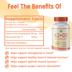 Complément de Vitamine D3 K2 Biodisponible Haute Puissance HACCP OEM ODM – Vitamine D3 avec Vitamine K2 MK7 pour la Santé Cardiaque et Osseuse - Product Image 2