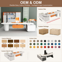 Bureau de direction moderne en forme de L, blanc brillant, avec armoire latérale orange et hub d'alimentation