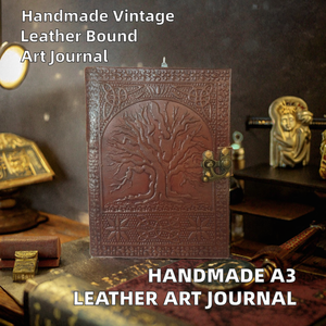 Diario de Cuero A3 Hecho a Mano con Tapa Dura, Grabado del Árbol de la Vida, Páginas Impresas Vintage, Encuadernación con Hojas Plegables, Sin Líneas, para Arte y Escritura, Regalo - Product Image 2