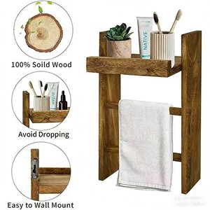 Étagère de salle de bain en bois massif rectangulaire à fixer au mur pour articles de soins personnels - Product Image 5