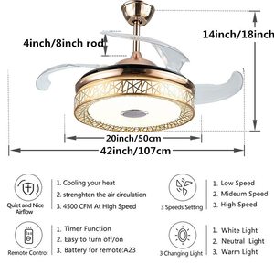 Quạt trần LED 42 inch tích hợp đèn, loa âm thanh không nhìn thấy, điều khiển bằng ứng dụng, động cơ DC, phát nhạc, dùng cho phòng ăn, phòng khách, phòng ngủ, nguồn sáng LED - Product Image 5