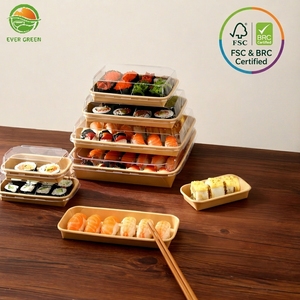Bandeja de papel Kraft desechable para <span class=keywords><strong>sushi</strong></span> con tapa PET, contenedor de papel para embalaje de comida para llevar - Product Image 1