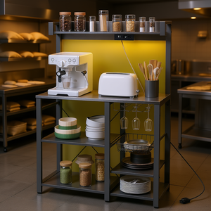 Étagère de cuisine industrielle grise, 4 étagères, éclairage RGB, station de charge, rangement ouvert, équipement de boulangerie commercial - Product Image 2