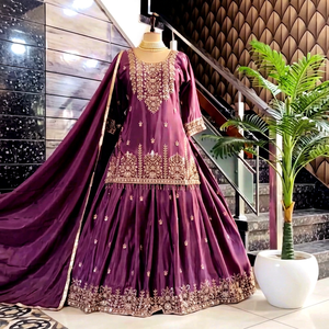 Purple Embroidered Silk Anarkali <b>Suit</b> With Dupatta Floor-Length Traditional Indian Pakistani <b>Women's</b> Wear <b>Wedding</b> <b>Dress</b> - Product Image 1