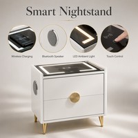 Table de chevet intelligente moderne avec chargeur sans fil, haut-parleur Bluetooth, lumière LED, commande tactile, avec tiroir pour chambre à coucher