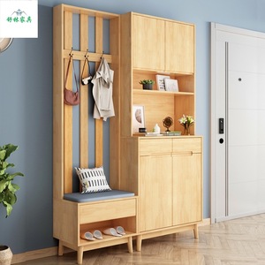 Nordic Solid Wood <b>Shoe</b> Cabinet Multi Functional Entryway Storage With Bench And <b>Hooks</b> For Home Front Door Use - Product Image 1