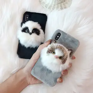 Lovely Anime Cartoon Soft Fur Cat Dog Phone Case For Iphone X Xr Xs Max 7/8 12 13 phone case Warm Hairy Fur Back Cover