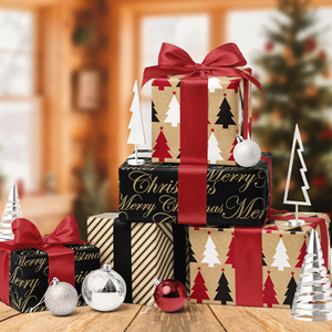 Set of 3 Vintage Tree Pattern Christmas Wrapping <b>Paper</b> <b>Roll</b> Golden Printed Black Coated Christmas For Gift Box Decoration - Product Image 5