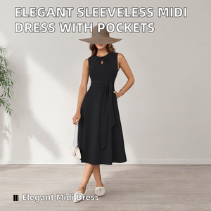 Elegante Vestido Midi Sin Mangas con Cuello Redondo, Cintura Ajustable, Corte en A, Casual, para Oficina o Fiesta, con Bolsillos - Product Image 2