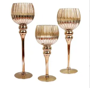 wholesale long stem crystal glass candlestick hurricane candle holder set