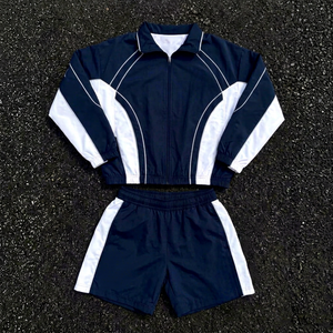 Unisex <b>Navy</b> White Color Block Tracksuit Set Zip Jacket Shorts Two Piece Activewear Casual Streetwear Lightweight Loose Fit - Product Image 1