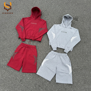 OEM Custom <b>Men</b> <b>Hoodie</b> <b>Shorts</b> <b>Set</b> Streetwear Fleece Paneled Snowflake Embroidered Cropped Top Relaxed Fit Casual Two Piece <b>Set</b> - Product Image 1