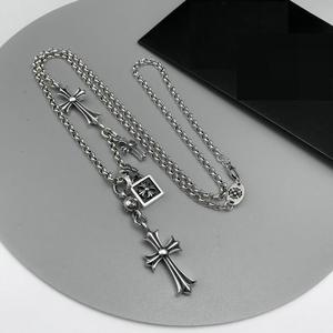 Collier vintage thaïlandais en argent style CH avec double croix, pendentif cœur en argent thaïlandais avec pierre naturelle, longue chaîne de pull personnalisée - Product Image 3