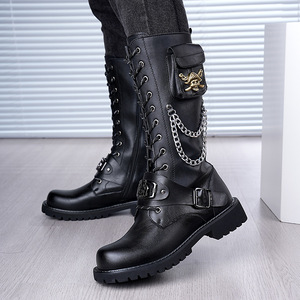 Bottes Martin pour hommes, mi-mollet, en cuir, bout rond, tendance mode, boucle chaîne tête de mort, semelle en caoutchouc, pour scène - Product Image 2