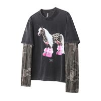 T-shirt Homme Manches Longues Effet Usé et Délavé Camouflage Superposé Style Streetwear Américain Vintage Personnalisé Nouveauté 2026