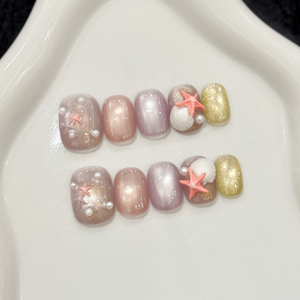 Ocean Fairy Tale <span class=keywords><strong>Uñas</strong></span> artificiales Summer Bubble Sea Star con Light Blue Cat Eye Soft <span class=keywords><strong>Gel</strong></span> Press on Nails Alta calidad - Product Image 1
