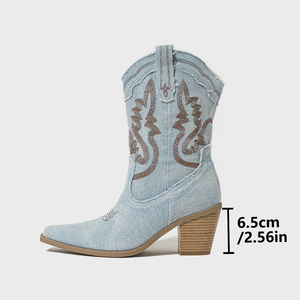 En Stock, Botas Vaqueras de Tacón Grueso, Estilo Occidental, con Contraste de Color, Punta Puntiaguda, Talla Grande, Talla 42 - Product Image 6