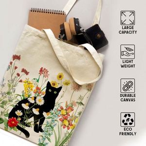 Free Sample Black Cat Canvas Tote <b>Bag</b> Vintage <b>Flowers</b> Cute <b>Bag</b> Aesthetic Reusable Shopping Grocery <b>Bags</b> Birthday <b>Gifts</b> for - Product Image 3