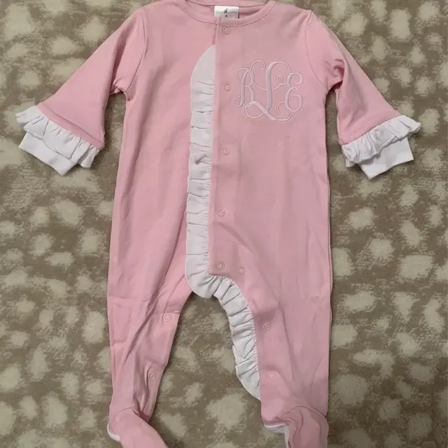 Monogrammed ruffle newborn outfit cotton pink footie baby girl romper long sleeve toddler clothing