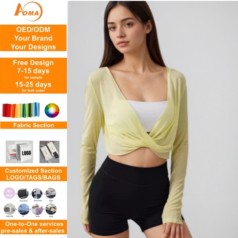 Aoyema V-Neck Cross Yoga Cropped Top Casual Running Fitness Pilates Autumn Breathable Outerwear Long Sleeve Dry Top