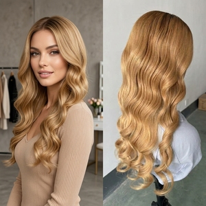 Perruque Lace Front HD Transparente 13*4 Blond Miel <span class=keywords><strong>Cheveux</strong></span> Humains Vierges Longue Ondulation avec Racines Foncées Ligne de <span class=keywords><strong>Cheveux</strong></span> Naturelle pour Femmes - Product Image 2