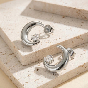 Factory wholesale <b>Moon</b> Shape 18K Gold Plated ZIRCON Stud 304 Stainless Steel <b>Earrings</b> For Women Classic Jewelry Gift - Product Image 4