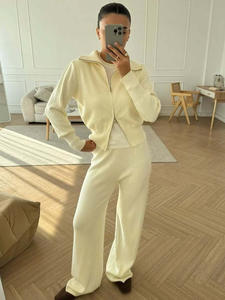 Geniş bacak katı balıkçı yaka tam uzunlukta 2 parça Set kadın gündelik spor giyim bluz tarzı çift Zip kısa takım elbise - Product Image 3