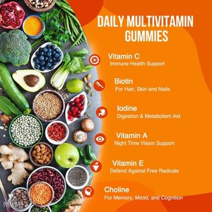 Gomitas Multivitamínicas con Vitamina C, Biotina, Zinc y Ácido Fólico para el Apoyo Inmunológico, Cabello, Piel, Uñas, Digestión y Memoria, Sabor Fresa - Product Image 2