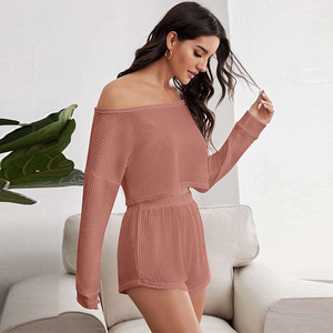 Pyjama haut à épaules dénudées Short respirant gaufré mode pyjama décontracté costume ensembles de vêtements de nuit - Product Image 1