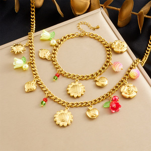 Conjunto de Collar y Pulsera con Colgante de Girasol Floral de Acero Inoxidable, Chapado en Oro de 18k, Joyería Impermeable para Mujer - Product Image 1