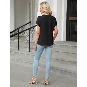 Blusa de Manga Corta con Cuello en V y Botones para Mujer, Estilo Casual para el Trabajo, Camisa de Popelina - Product Image 2