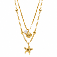 Collier double couche Huibao pour l'été, avec breloque étoile de mer et coquillage, fausse perle, en acier inoxydable, bijoux délicats sur le thème de l'océan pour femme