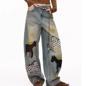 Pantaloni <span class=keywords><strong>Lunghi</strong></span> da Donna, <span class=keywords><strong>Jeans</strong></span> <span class=keywords><strong>Larghi</strong></span> Strappati con Grafiche, Gamba Larga Casual Lavato per Estate Autunno Primavera. - Product Image 2