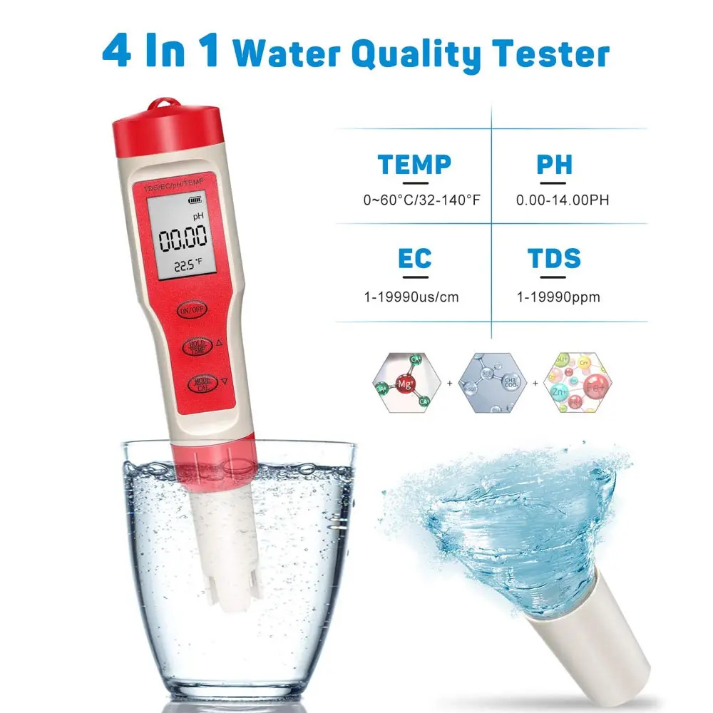 Pengukur PH, Penguji PH Digital Akurasi Tinggi Resolusi 0.01 dengan ATC: 4 In 1 PH TDS Pengukur Suhu untuk Air Minum, TP TP15