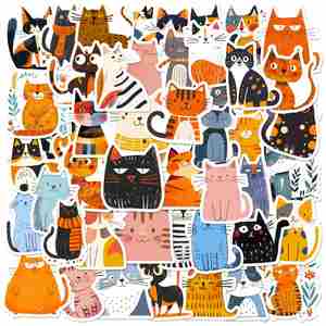 50 autocollants réutilisables imperméables à l'eau avec motif de chat de dessin animé mignon pour bouteilles d'eau, valises, ordinateurs portables - Product Image 2