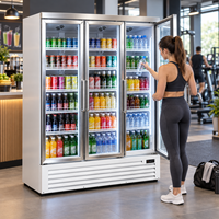 Réfrigérateur commercial vertical à trois portes vitrées, grande capacité, compresseur supérieur, acier inoxydable, affichage LED pour
