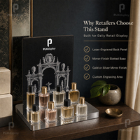 Présentoir à parfum en acrylique gravé avec base miroir et plateau à fentes, organisateur de fragrances pour boutiques et vente en gros