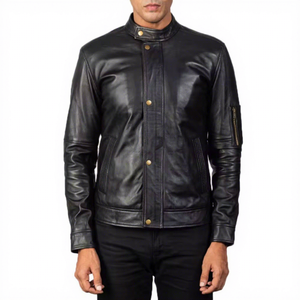 Veste en cuir véritable noir pour homme, fermeture à boutons-pression, poche zippée sur le bras, style Cafe Racer en peau de mouton, vêtement d'extérieur hivernal minimaliste personnalisé - Product Image 1