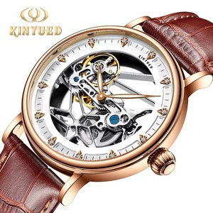 Envío Directo KINYUEDJ-134 Reloj Mecánico para Hombre con Movimiento Automático, Correa de Cuero, Diseño Esqueleto con Índices de Diamantes - Product Image 2